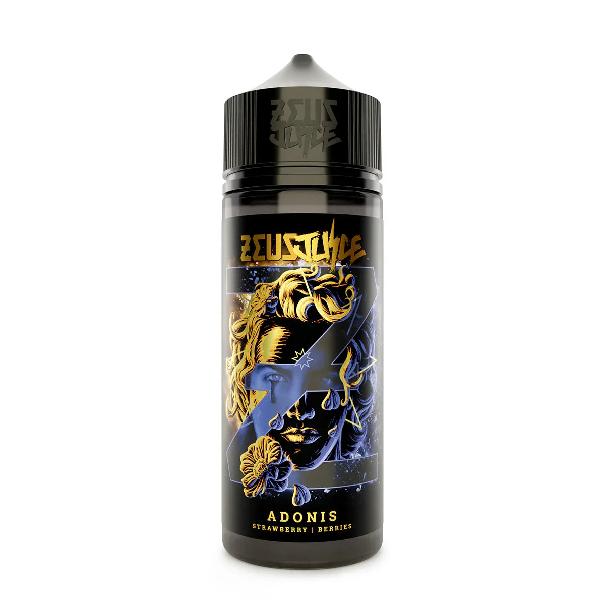 A 100ml bottle of Adonis e-liquid from Zeus Juice with a label featuring a gold and black design with an illustration of a mythological character.