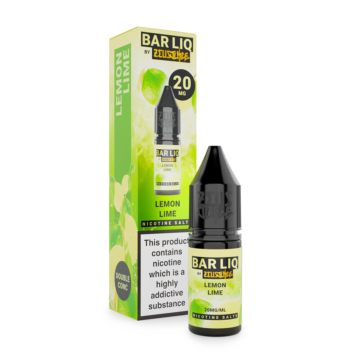 Lemon & Lime Barliq by Zeus Juice 10ml nicotine salts bottle on white background