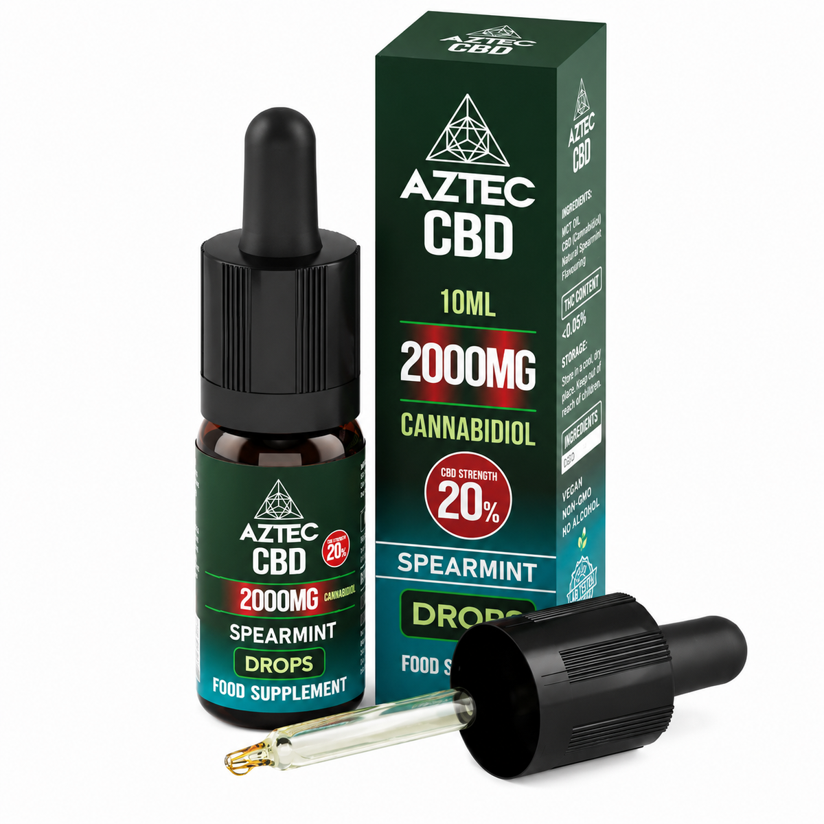Aztec CBD dropper bottle and packaging on a white background