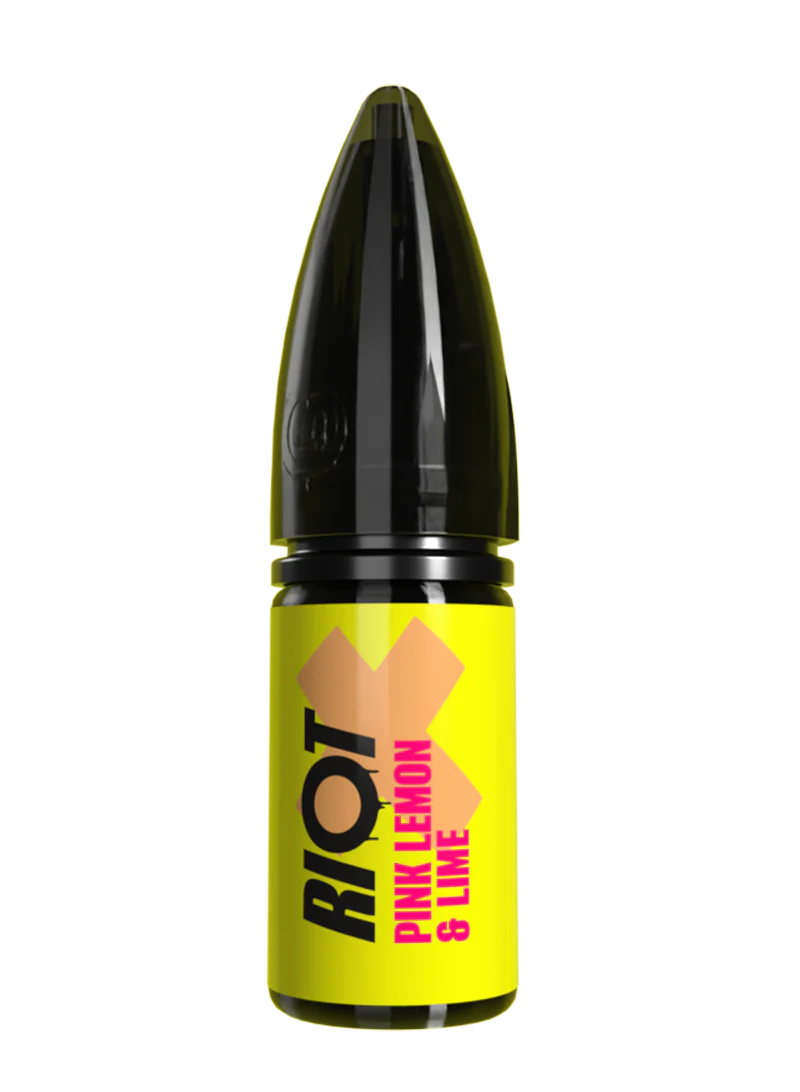 RIOT X Pink Lemon & Lime 10ml nic salt with lemon wedges, lime slices and a glass of pink lemonade