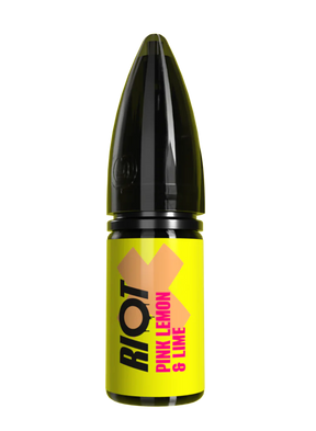RIOT X Pink Lemon & Lime 10ml nic salt with lemon wedges, lime slices and a glass of pink lemonade